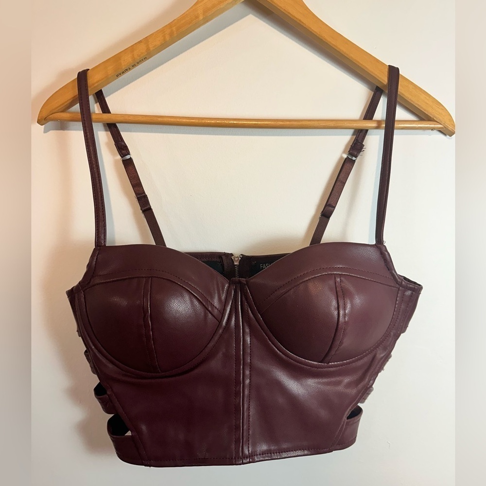 Burgundy Fashion Nova Pleather Cut  Out Crop Top